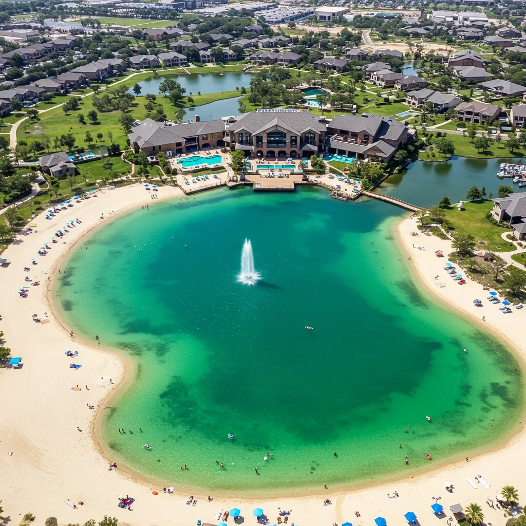 A vibrant aerial view of a DFW crystal lagoon surrounded by sandy beaches and a modern clubhouse, representing master-planned luxury.