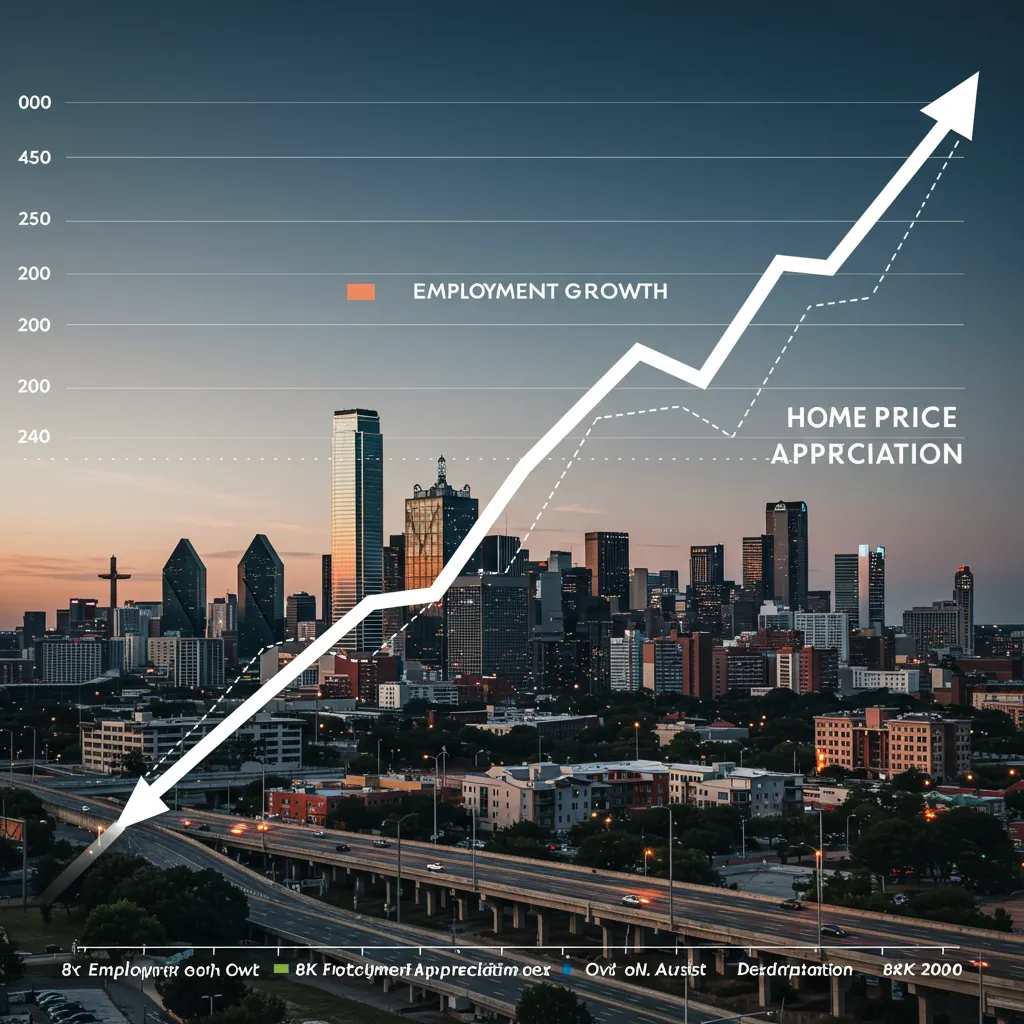 A data-driven overlay of the Dallas skyline showing a rising trend line representing employment growth and home price appreciation over the last decade.