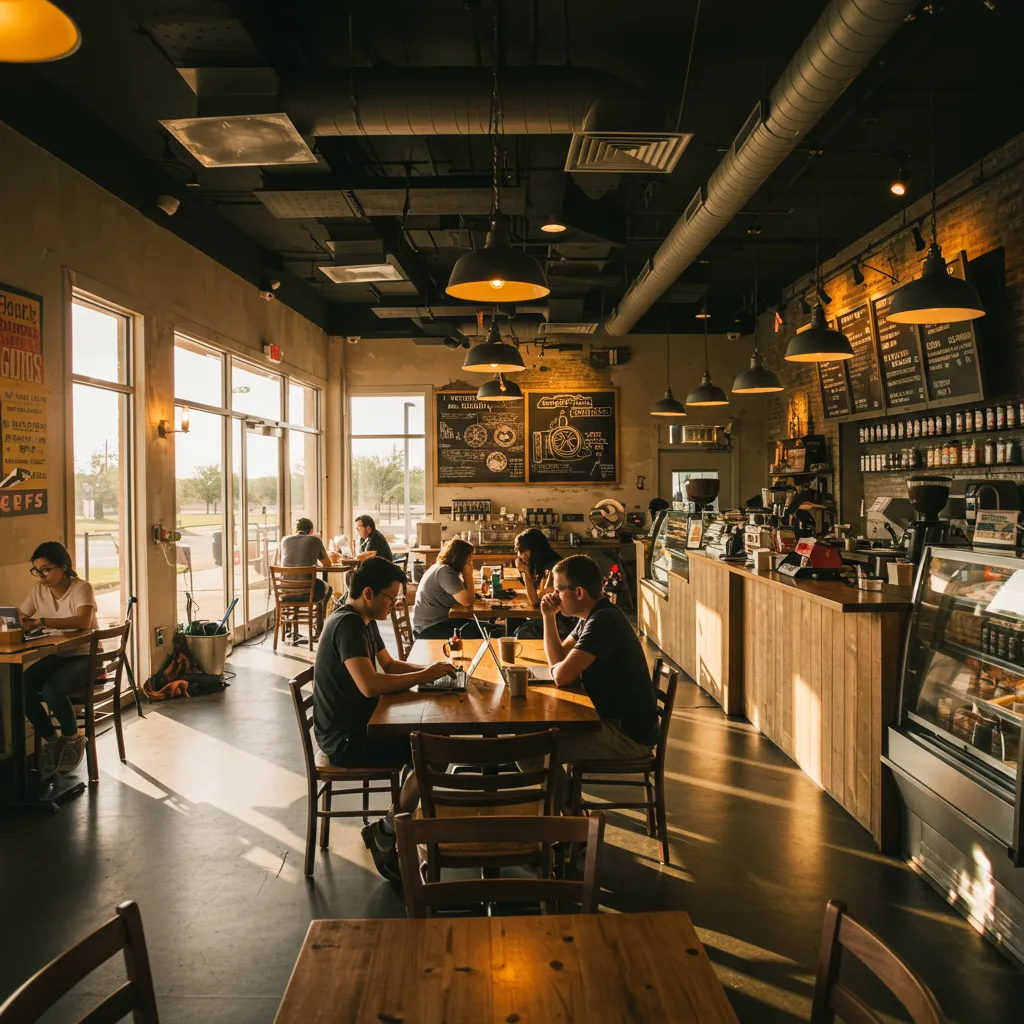 A modern, sun-drenched coffee shop in a DFW suburb filled with remote workers on laptops, featuring industrial-chic decor and a local North Texas vibe.