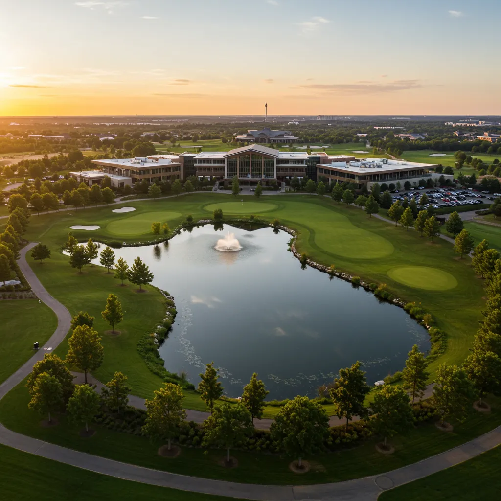 A panoramic view of the 660-acre PGA Frisco campus, featuring the Omni Resort, championship golf courses, and the modern PGA of America headquarters.