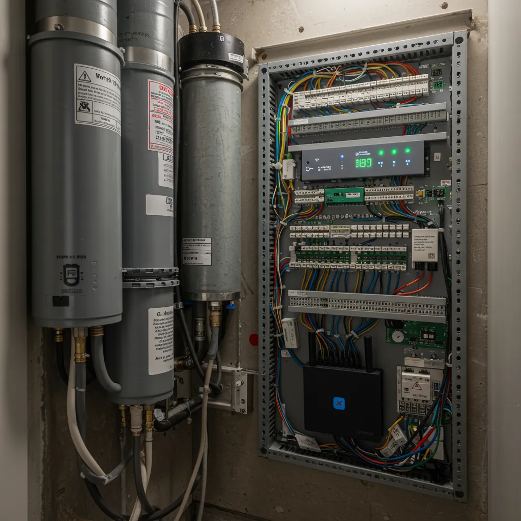 A modern DFW home’s mechanical room featuring a neatly organized structured wiring panel and a high-performance Wi-Fi 7 router.