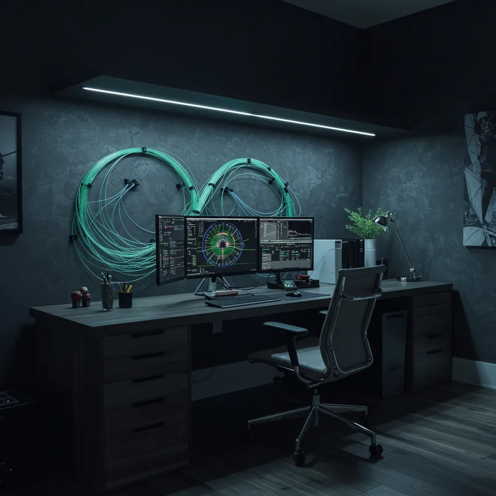 A sleek, high-tech DFW home interior with a professional home office setup, emphasizing fiber-optic connectivity and modern design for relocating tech workers.