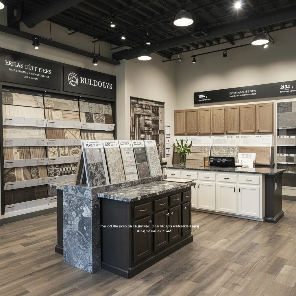 A high-end DFW builder's design center showing various samples of flooring, cabinetry, and countertops with a digital budget overlay.