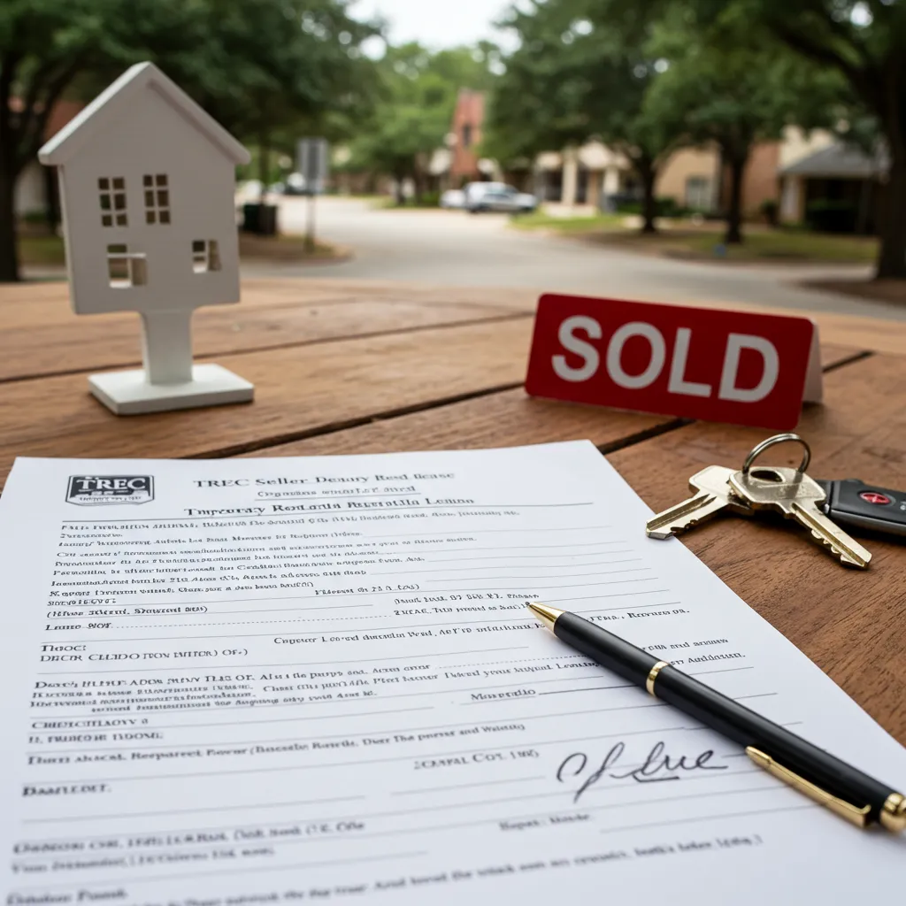 A signed TREC Seller's Temporary Residential Lease form on a wooden table, next to a set of house keys and a "Sold" sign in a Dallas neighborhood.