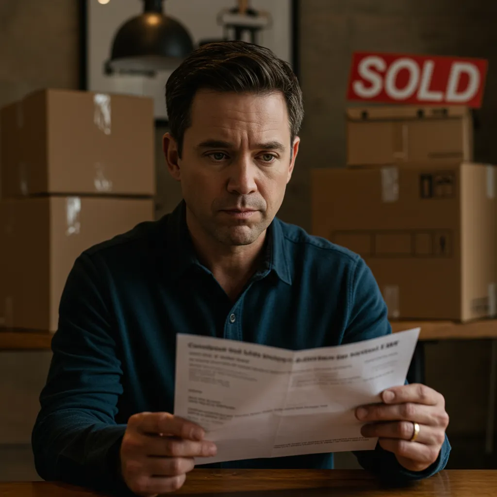 A stressed homeowner reviewing a construction delay notice in a Dallas coffee shop, with a "Sold" sign and moving boxes in the background.