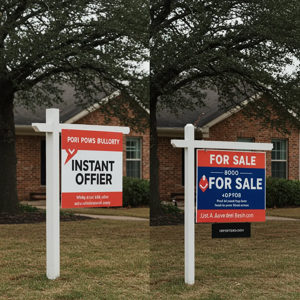 A side-by-side digital comparison showing a 24-hour "Instant Offer" notification next to a traditional "For Sale" sign in a Dallas neighborhood.