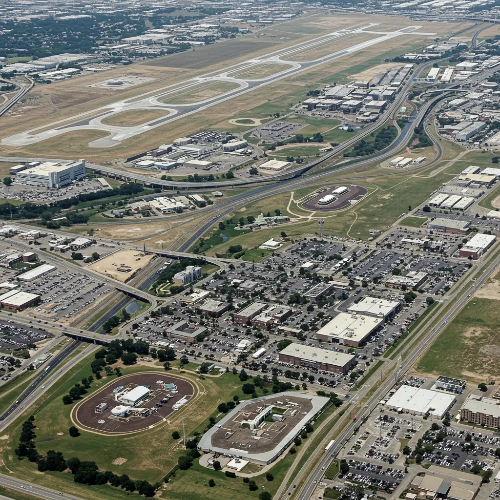A high-level aerial view of the North Texas Metroplex highlighting the locations of DFW International Airport and Dallas Love Field relative to Downtown Dallas.