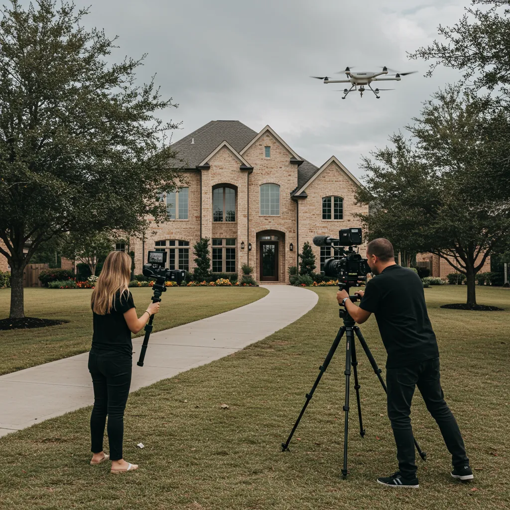 A high-end Dallas home being filmed by a professional videographer using a gimbal-stabilized 4K camera and a drone for a 2026 cinematic listing tour.