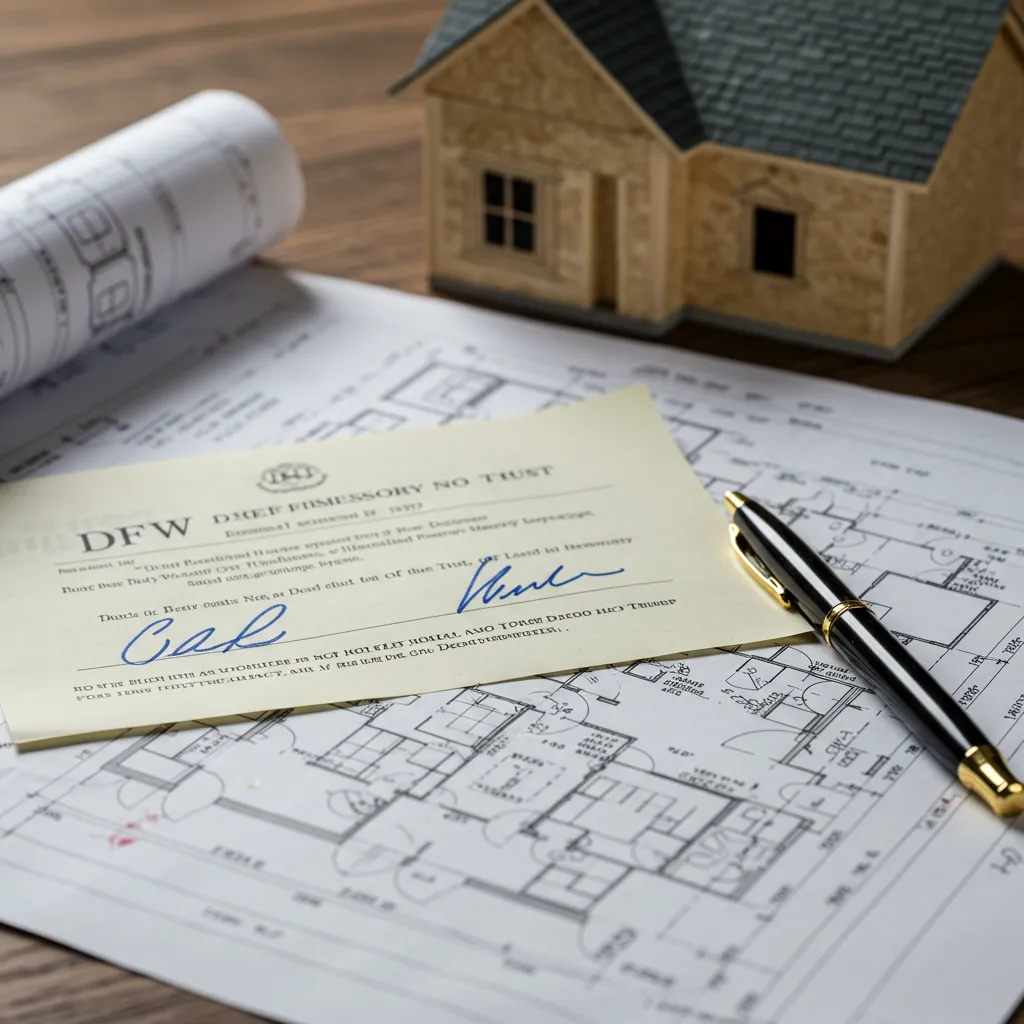 A signed DFW promissory note and deed of trust resting on a blueprint for a new construction home, symbolizing the transition from a traditional sale to an owner-financed investment