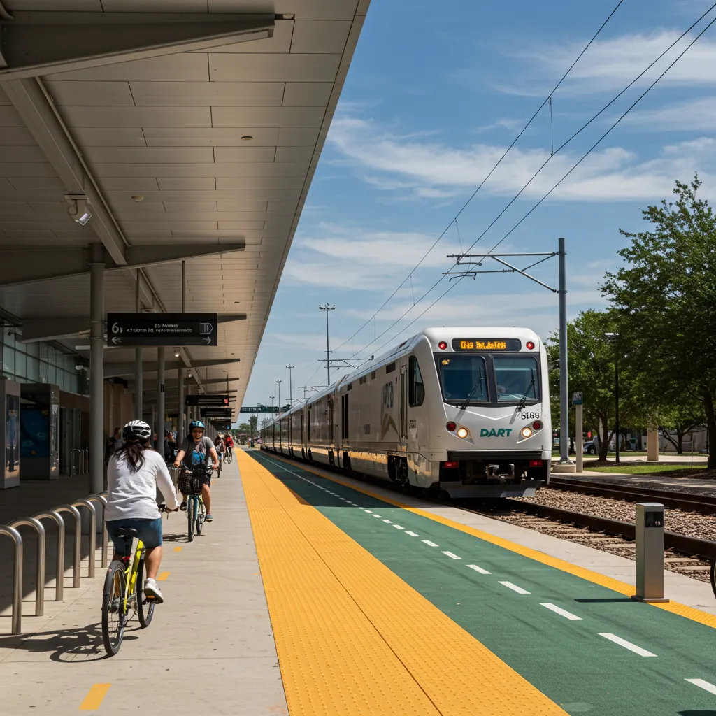 A sleek DART Silver Line train arriving at a modern Richardson station, with a wide, paved bike trail running parallel to the tracks and commuters using bike-share stations.