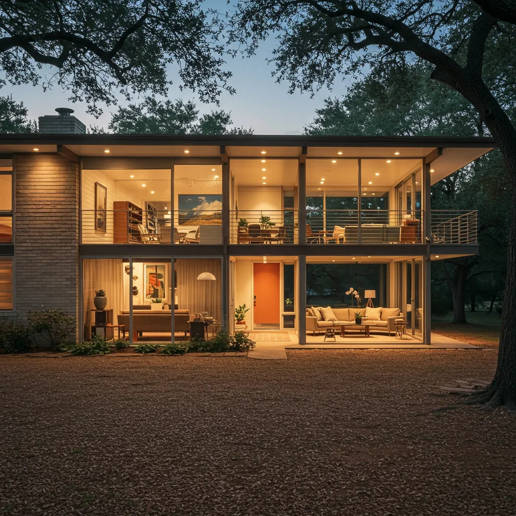A stunning 1950s Mid-Century Modern home in Richardson's Canyon Creek, featuring floor-to-ceiling windows, a low-slung roofline, and professionally staged period-correct furniture for a 2026 listing.