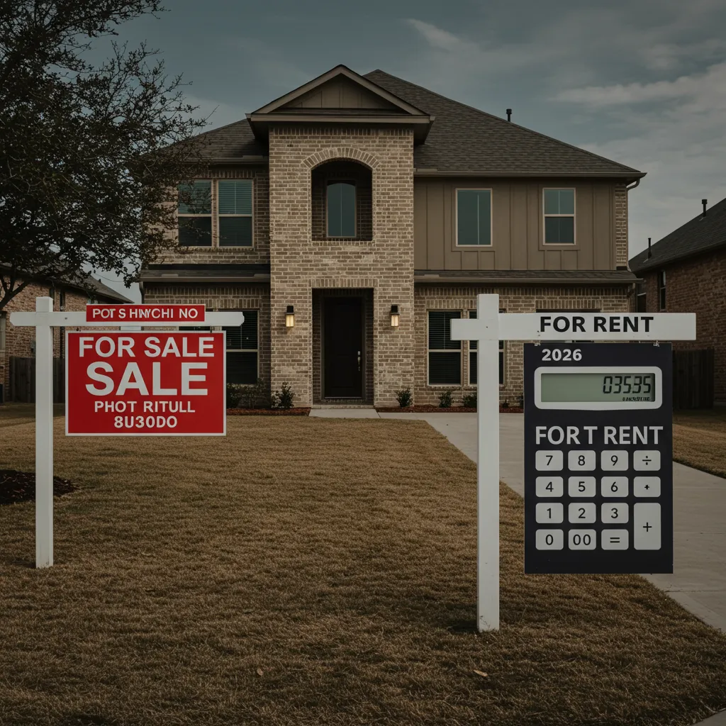 A professional comparison showing a "For Sale" sign versus a "For Rent" sign in front of a modern North Texas suburban home, with a digital overlay of a 2026 rental yield calculator.