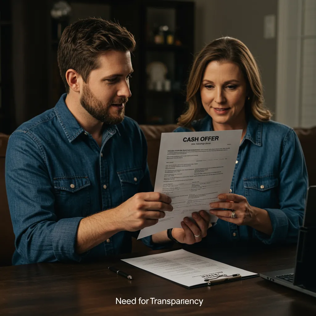 A homeowner in Dallas reviewing a "Cash Offer" contract with a professional real estate advisor, emphasizing the need for transparency in wholesaling transactions.