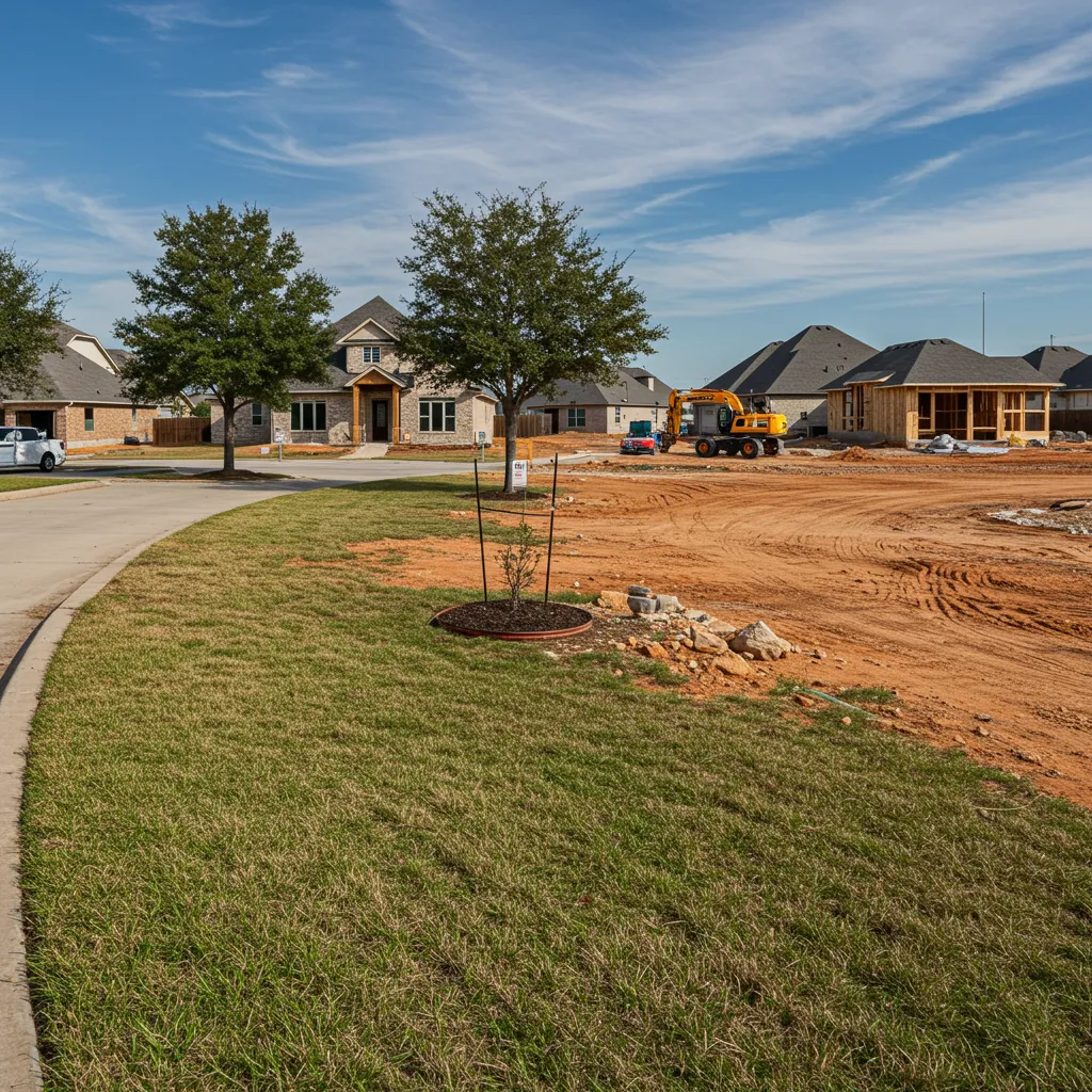 A panoramic view of a DFW neighborhood where an established street of homes meets a fresh "Phase One" construction site, highlighting the contrast between mature landscaping and new buil