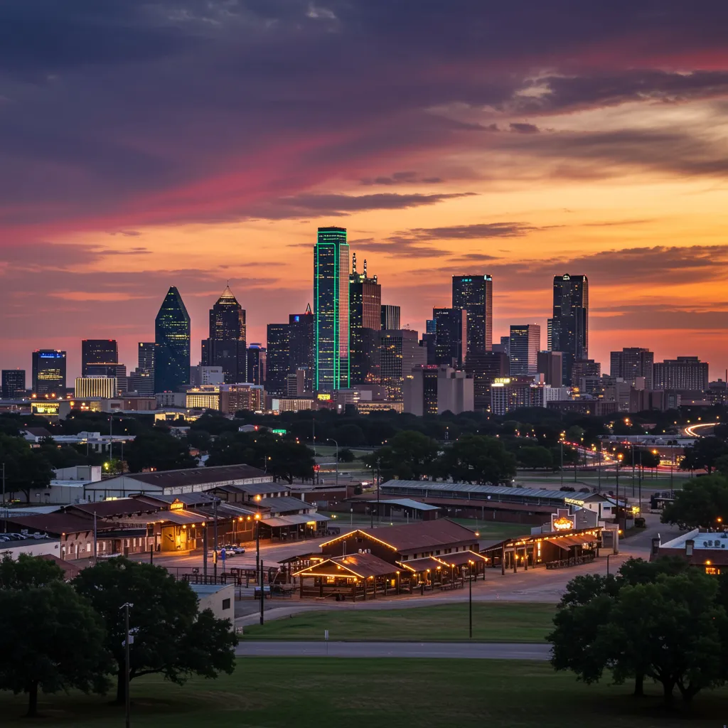 A vibrant sunset view of the Fort Worth skyline and the historic Stockyards, contrasted with the sleek, neon-lit skyscrapers of Downtown Dallas.