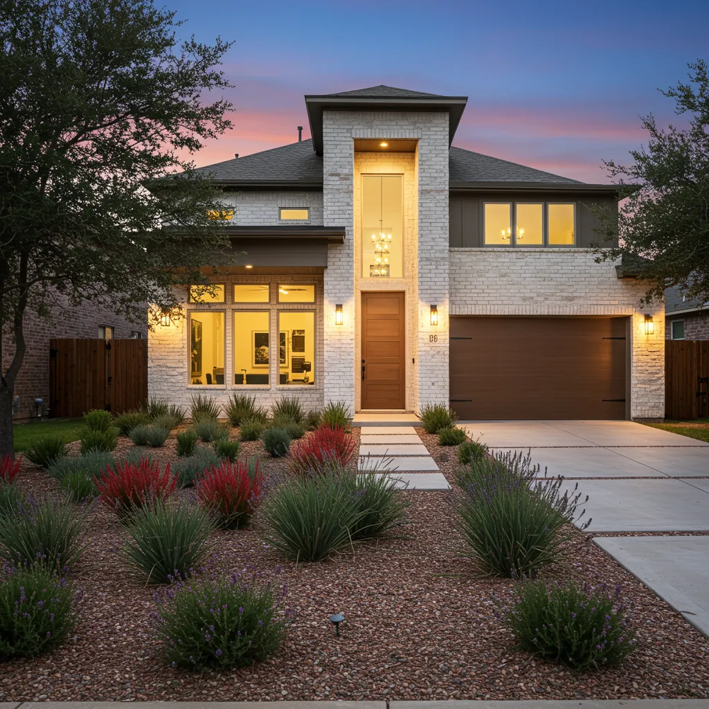 A modern Dallas home featuring drought-tolerant landscaping with Texas Sage and Red Yucca, a bold "Moody Brown" front door, and smart exterior lighting for a 2026 evening showing.