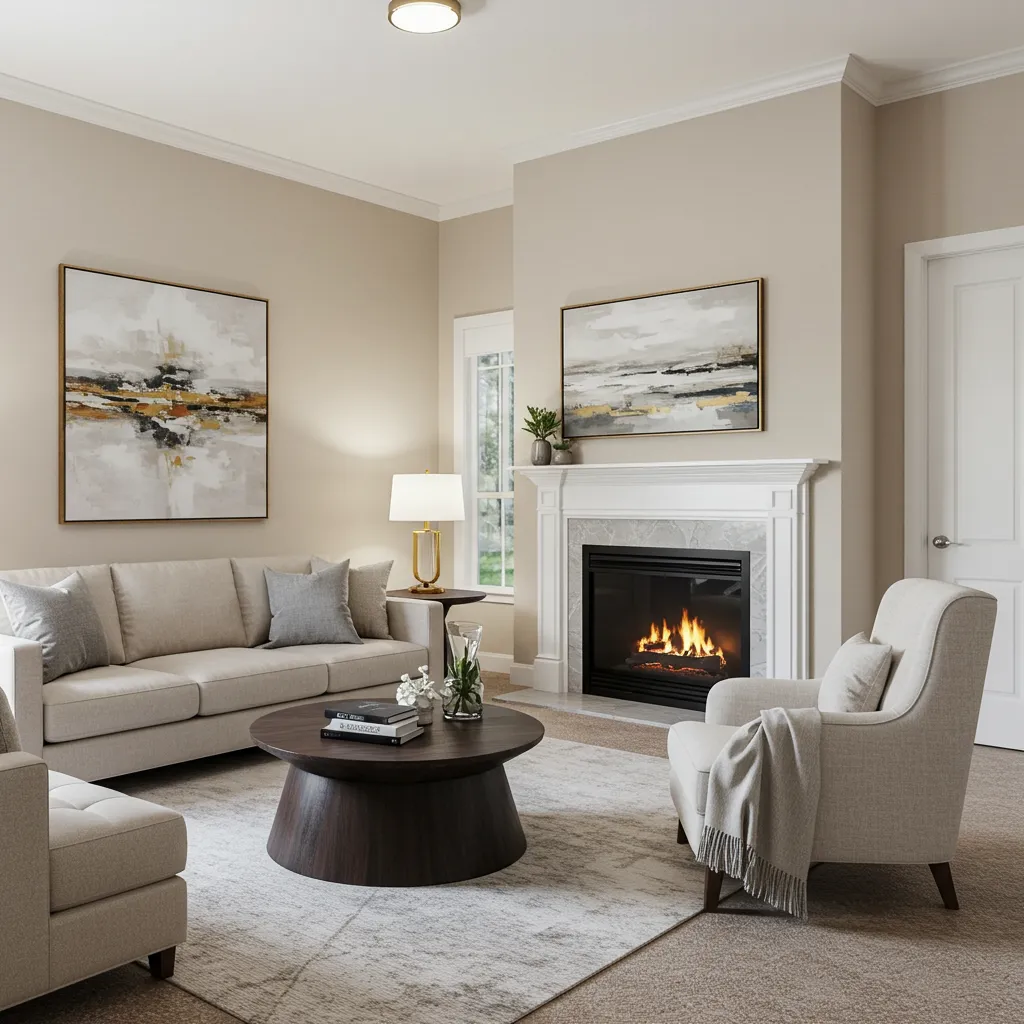 A side-by-side comparison of a pristine 2026 builder model home living room and a professionally staged DFW resale home, showing identical levels of modern "minimalist-functional" appeal.