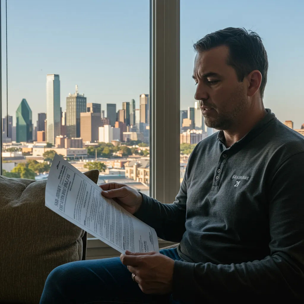 A Dallas homeowner reviewing a specialized real estate contract with a 'Subject to' addendum, with the Dallas skyline visible through the window.