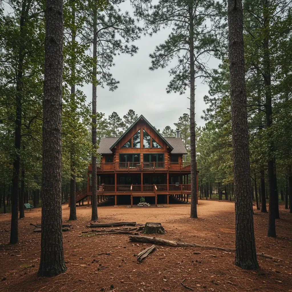 A scenic view of a luxury cabin in Broken Bow, Oklahoma, nestled among towering pine trees, representing the ultimate weekend escape for DFW residents in 2026.