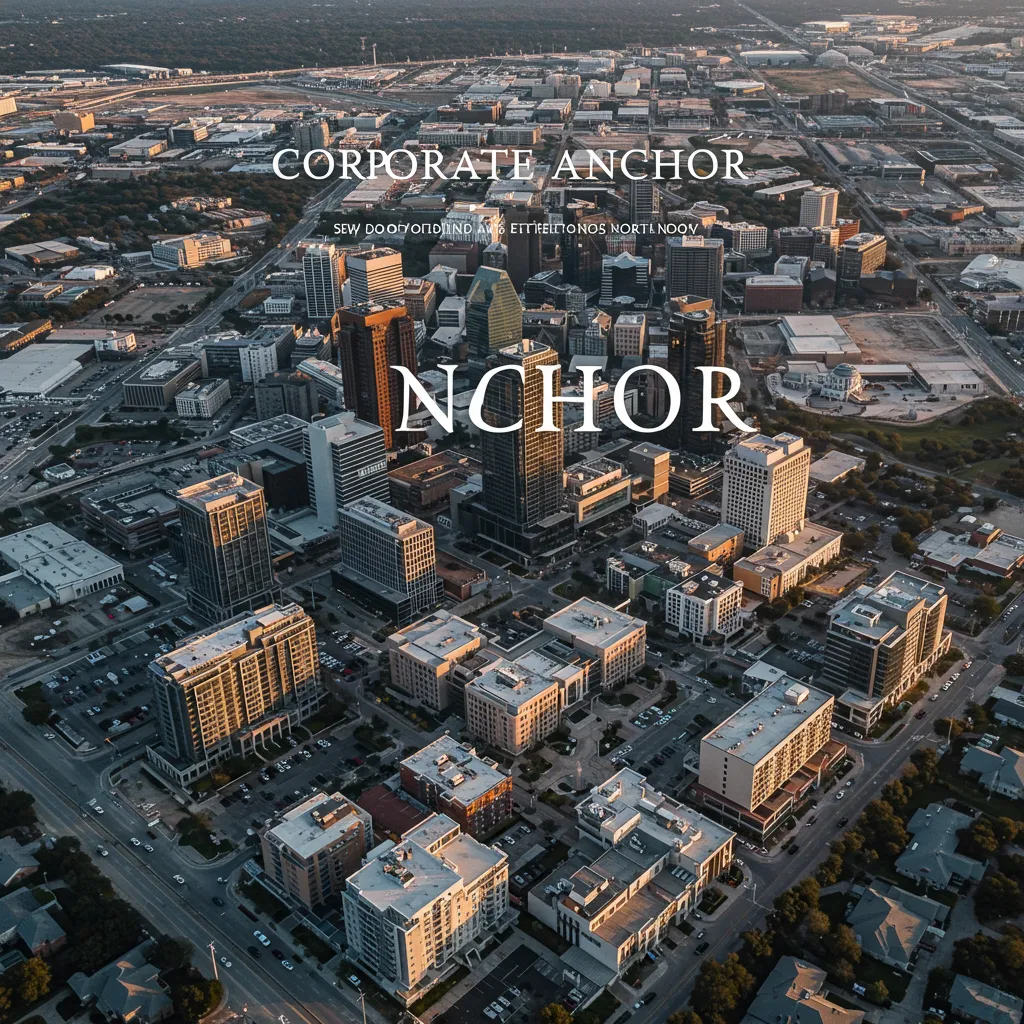 modern aerial view of the Legacy West area in Plano and the NorthEnd development in Dallas, illustrating the "Corporate Anchor" effect on North Texas urban planning.