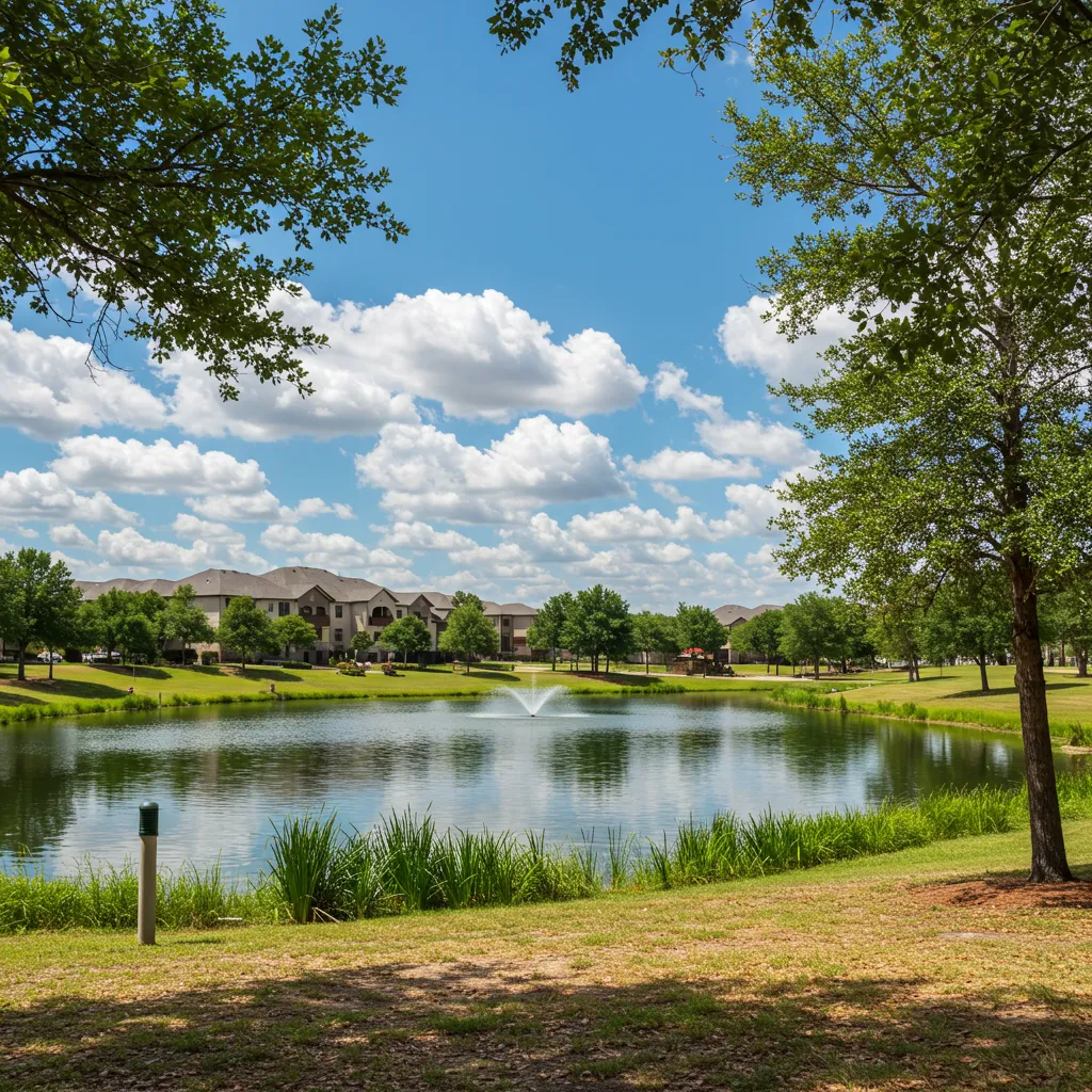 A vibrant community park and lagoon in a North Texas Public Improvement District, showcasing the high-end amenities funded by PID assessments.