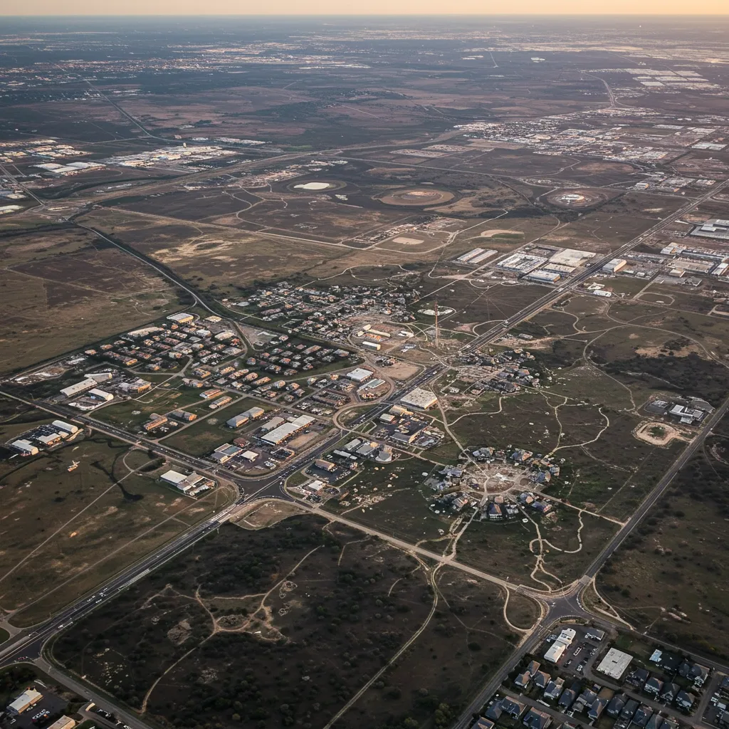 A high-altitude drone view of the expanding North Texas suburbs, showing the transition from the high-density developments of Plano and Frisco to the open growth frontiers of Grayson and Hunt Counties.