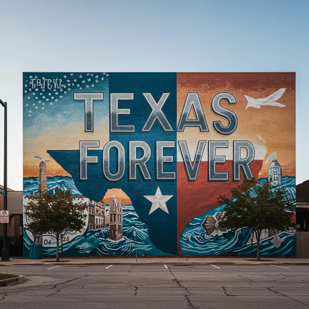 A welcoming "Texas Forever" mural in a modern Dallas neighborhood, symbolizing the cultural merge of coastal relocators and traditional North Texas lifestyle.