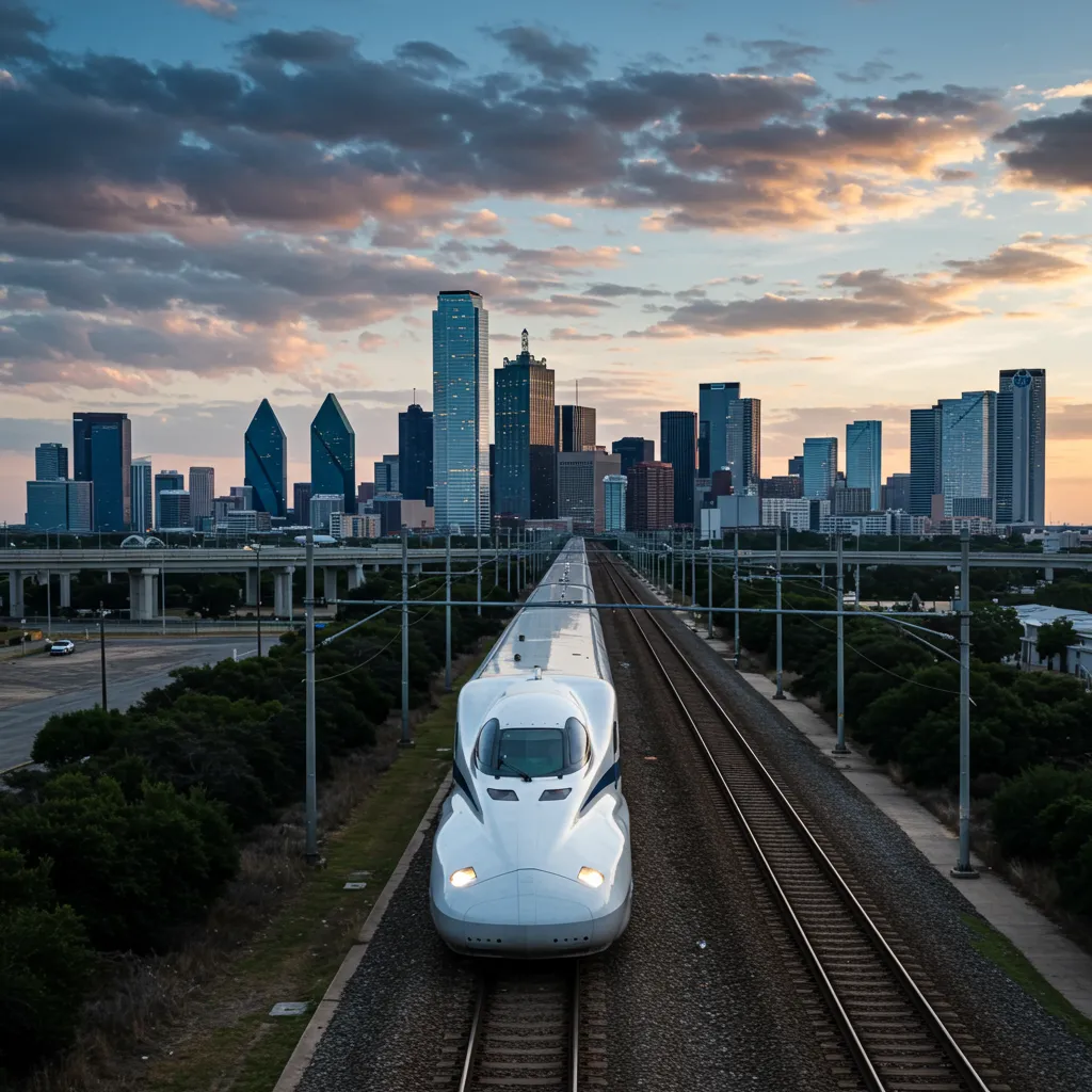 A sleek, white N700S Shinkansen train digitally superimposed onto the Texas landscape, with the Dallas and Houston skylines connected by a high-speed track.