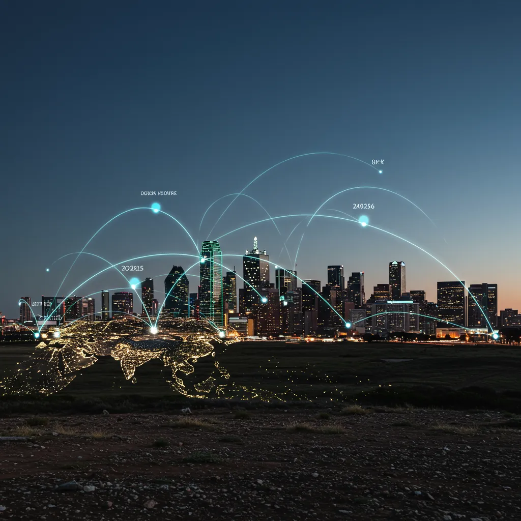 A global map with digital investment lines connecting Europe, Asia, and the Middle East to a glowing Dallas-Fort Worth skyline, symbolizing 2026 capital flows
