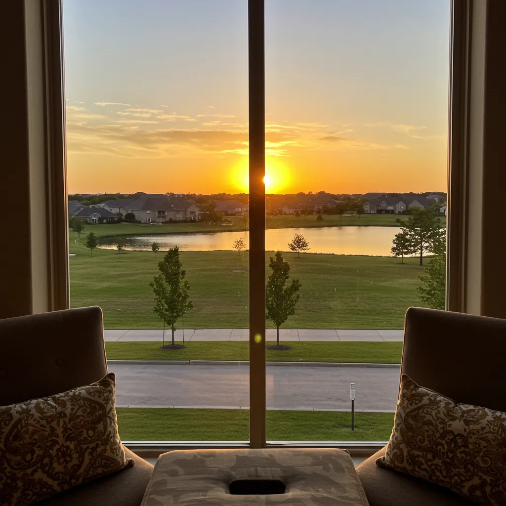 A sunset view of a new master-planned community in Celina, Texas, showing a high-end home office window looking out over a community greenbelt and lake.
