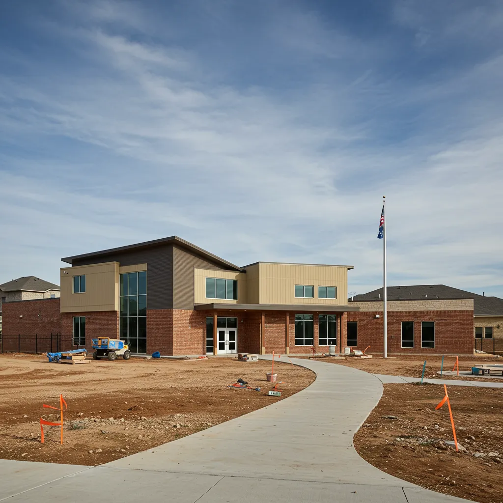 A modern North Texas elementary school currently under construction, with newly built single-family homes in the background symbolizing the link between education and real estate.