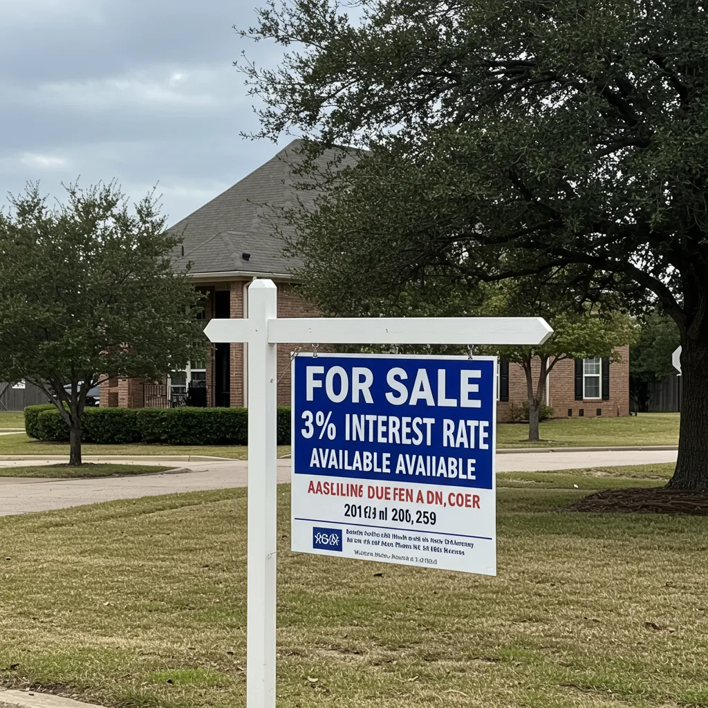 A "For Sale" sign in a Dallas neighborhood with a prominent rider that reads "Assumable 3% Interest Rate Available," highlighting the 2026 seller's advantage.
