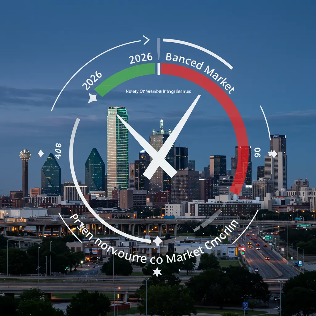 A real estate market cycle clock pointing toward "Balanced Market" with the Dallas and Fort Worth skylines in the background, illustrating the 2026 normalization.