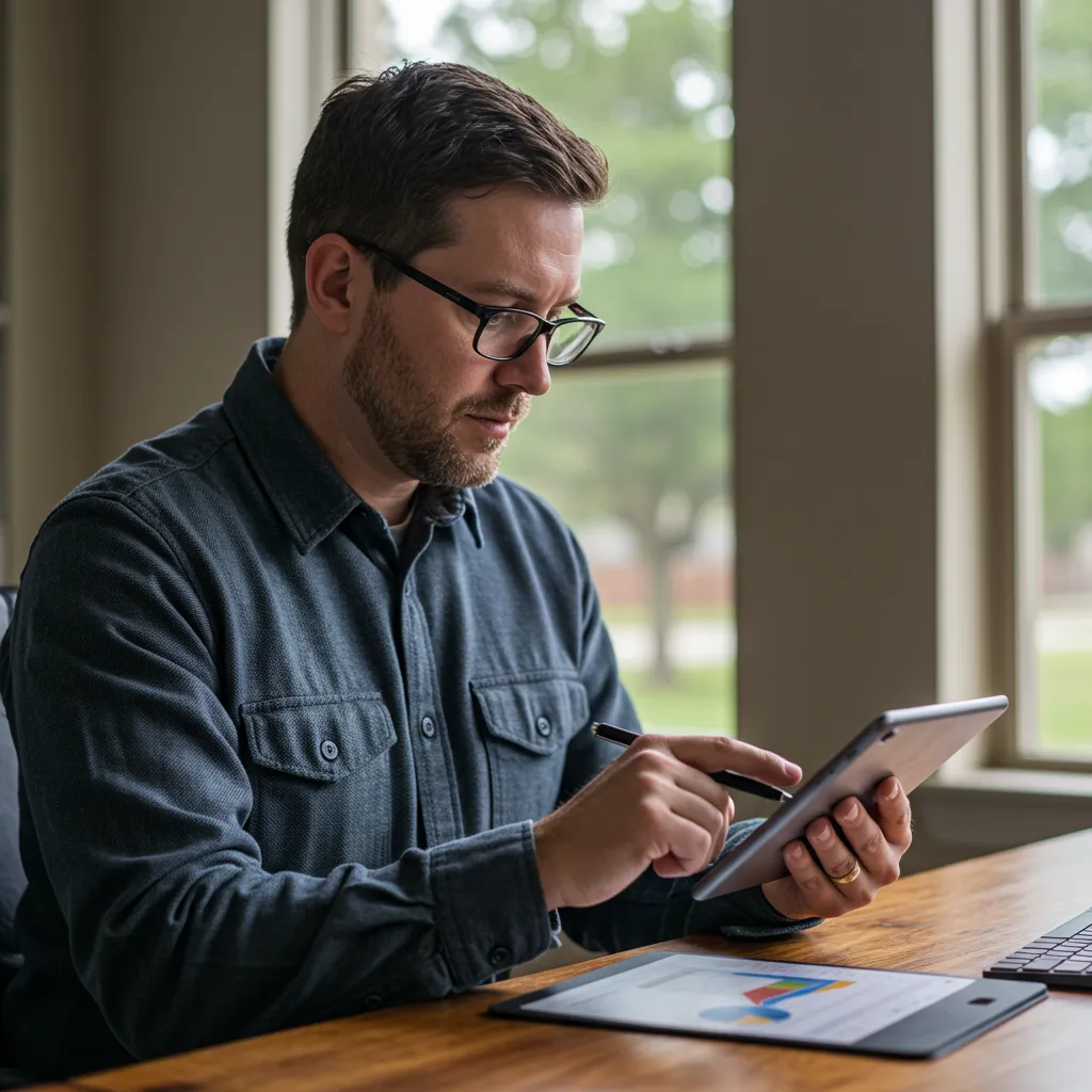 A professional residential appraiser in North Texas reviewing property data on a tablet, symbolizing the technical accuracy required in the 2026 real estate market.