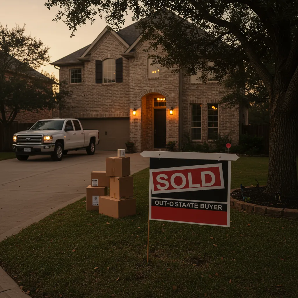 A high-end North Texas suburban home with a "Sold" sign, highlighting the 2026 demand from out-of-state relocation buyers seeking space and value.