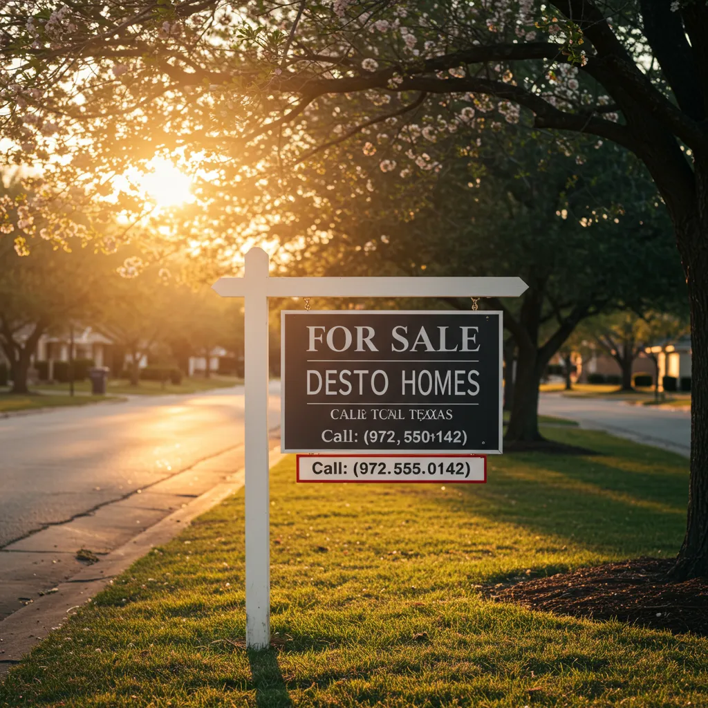 A professional real estate sign in a sunny DeSoto, Texas neighborhood during the peak 2026 spring selling season.