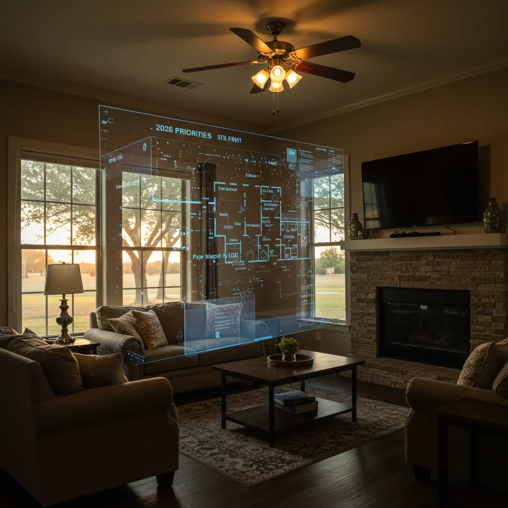 A high-tech 3D floor plan of a Dallas suburban home overlaying a professional interior photo, illustrating the 2026 shift in listing priorities.