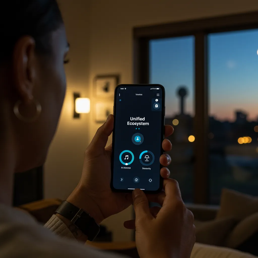 A sleek smartphone interface controlling a modern Dallas home's lighting and security, illustrating the "Unified Ecosystem" trend of 2026.