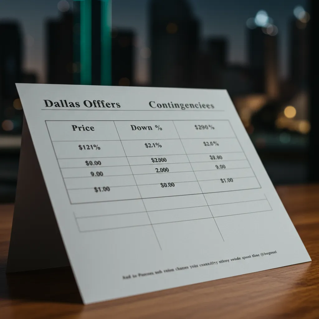 A side-by-side comparison chart of three different real estate offers in Dallas, highlighting the differences in price, down payment, and contingencies.