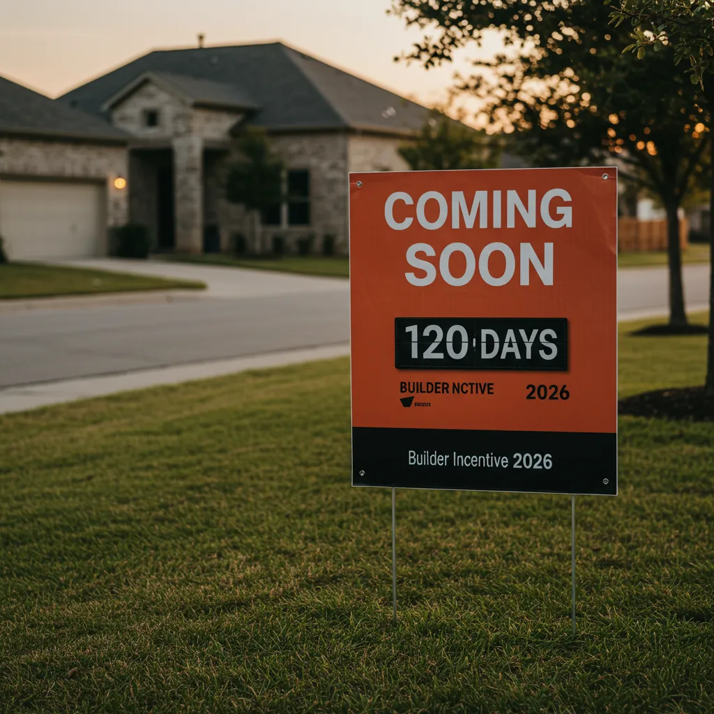 A vibrant "Coming Soon" sign in a North Dallas front yard, with a countdown timer graphic emphasizing the 2026 builder incentive strategy.