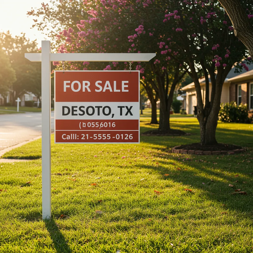 A professional real estate sign in a sunny DeSoto, Texas neighborhood during the peak 2026 spring selling season.