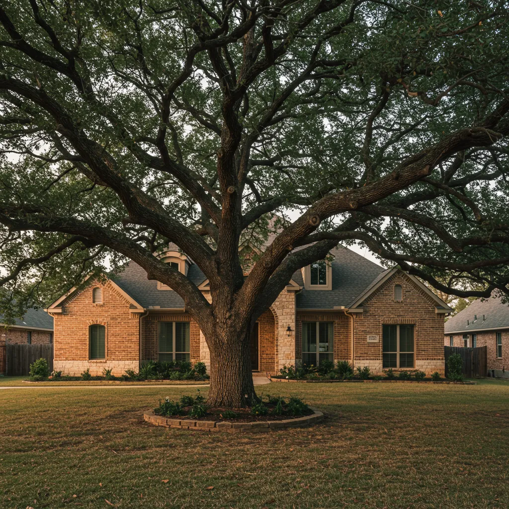 A majestic 40-year-old Live Oak shading a classic North Dallas home, contrasted with the clean, sunny lot of a new construction home.