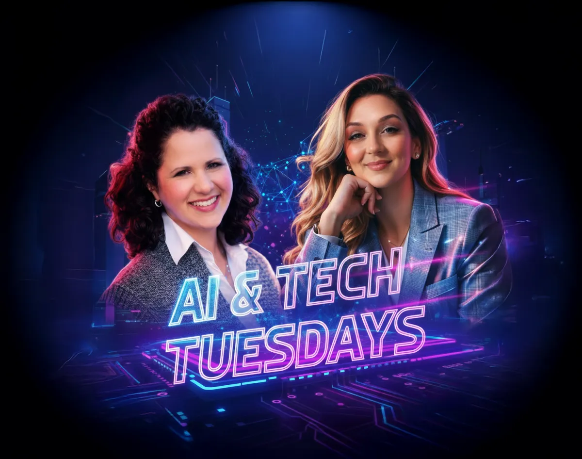 AI & Tech Tuesdays banner featuring two female hosts with a futuristic neon technology background, representing practical AI and automation for business owners.