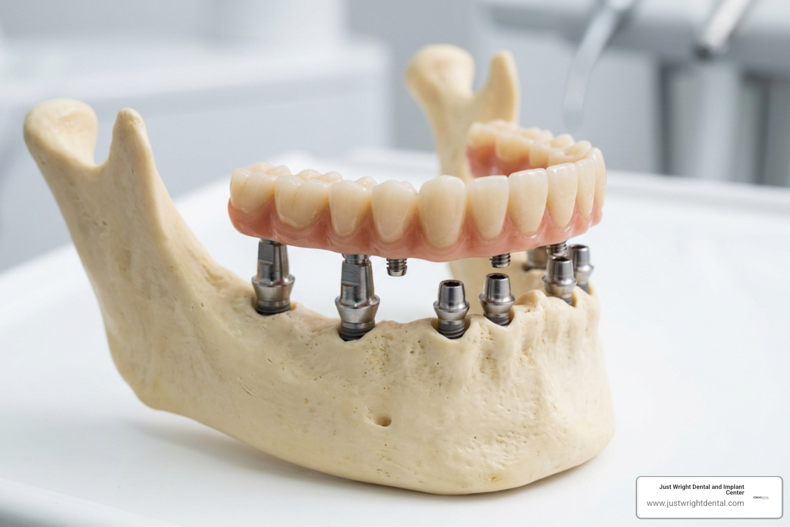 dental implant posts supporting multi-unit abutments and cross-arch bridge