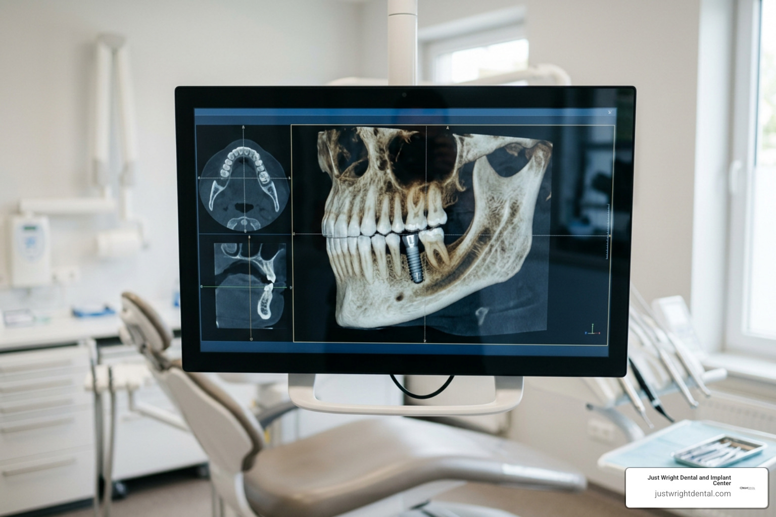 3D CBCT scan showing healthy jaw bone density and dental implant planning