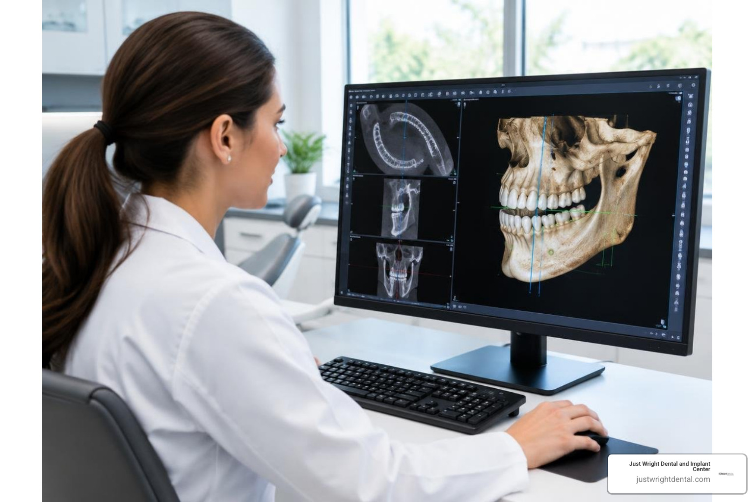 Clinician analyzing 3D CBCT scan measuring jawbone dimensions