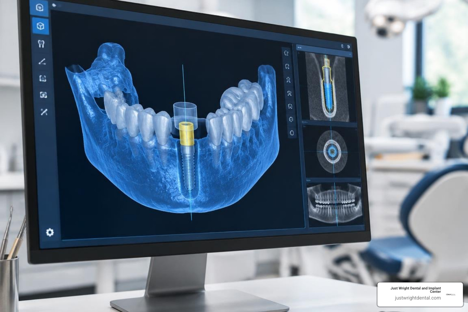 3D dental implant planning screen showing an implant fixture and internal screw chamber