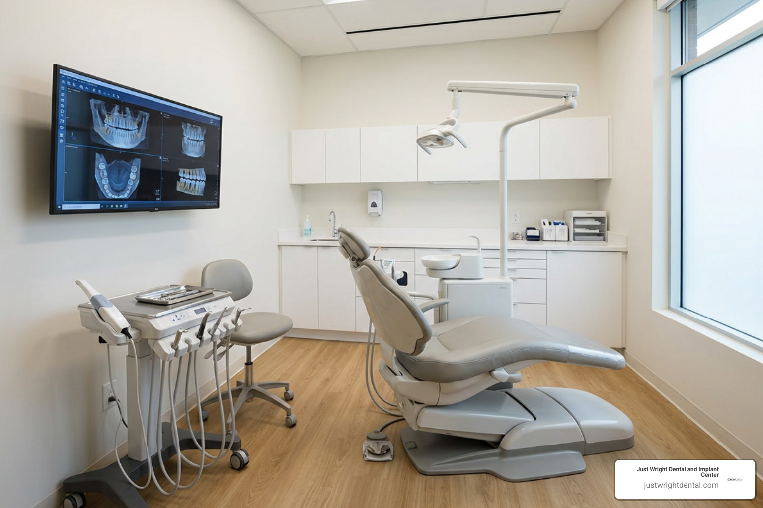 Modern dental operatory equipped with 3D digital imaging and diagnostic monitors