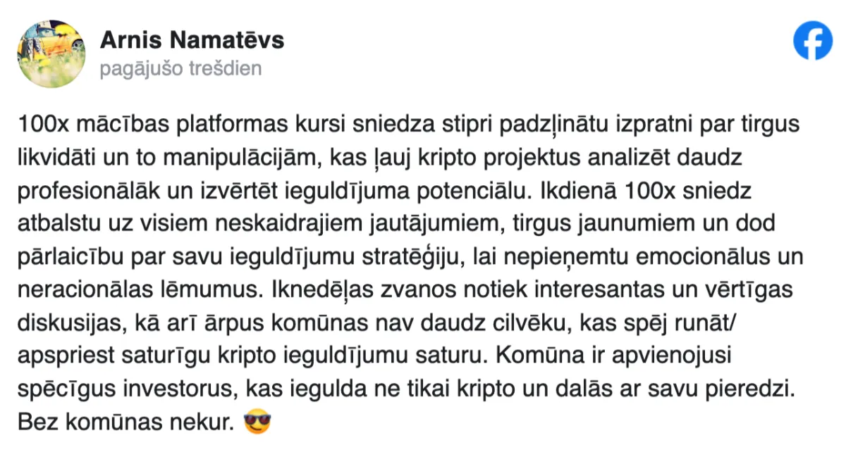 kripto pratības portāla 100x.lv atsauksmes