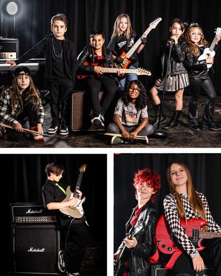 Group of young musicians playing guitars, bass, drums, and singing during a Rockstars of Tomorrow band program.